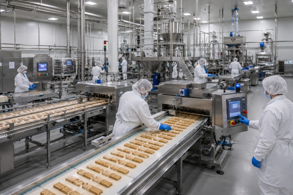 Workers on a food processing line with stainless steel equipment