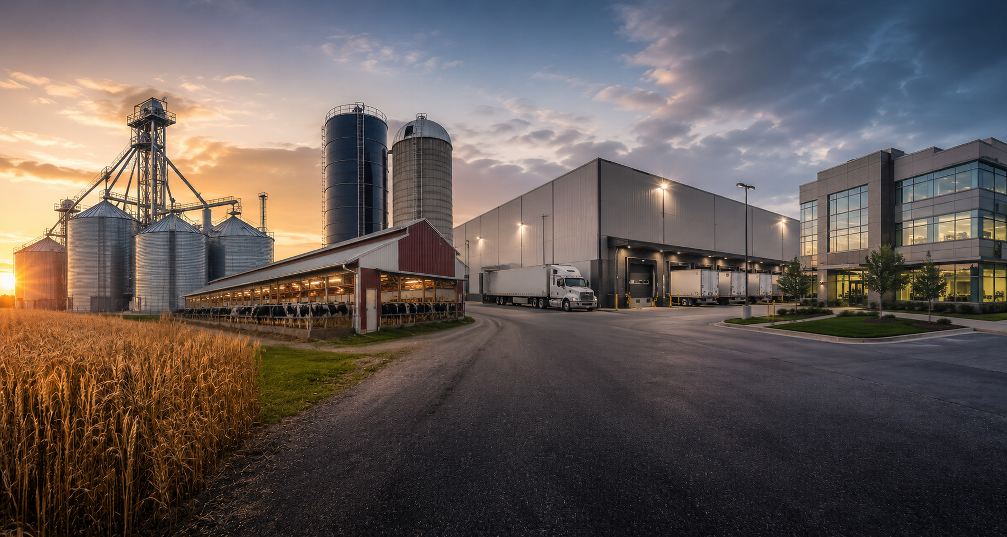 Grain storage, dairy farm, warehouse docks, and office building at dusk