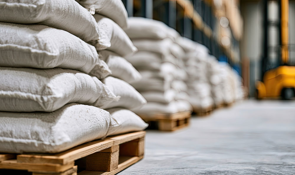 Bags of stored product on pallets in a warehouse