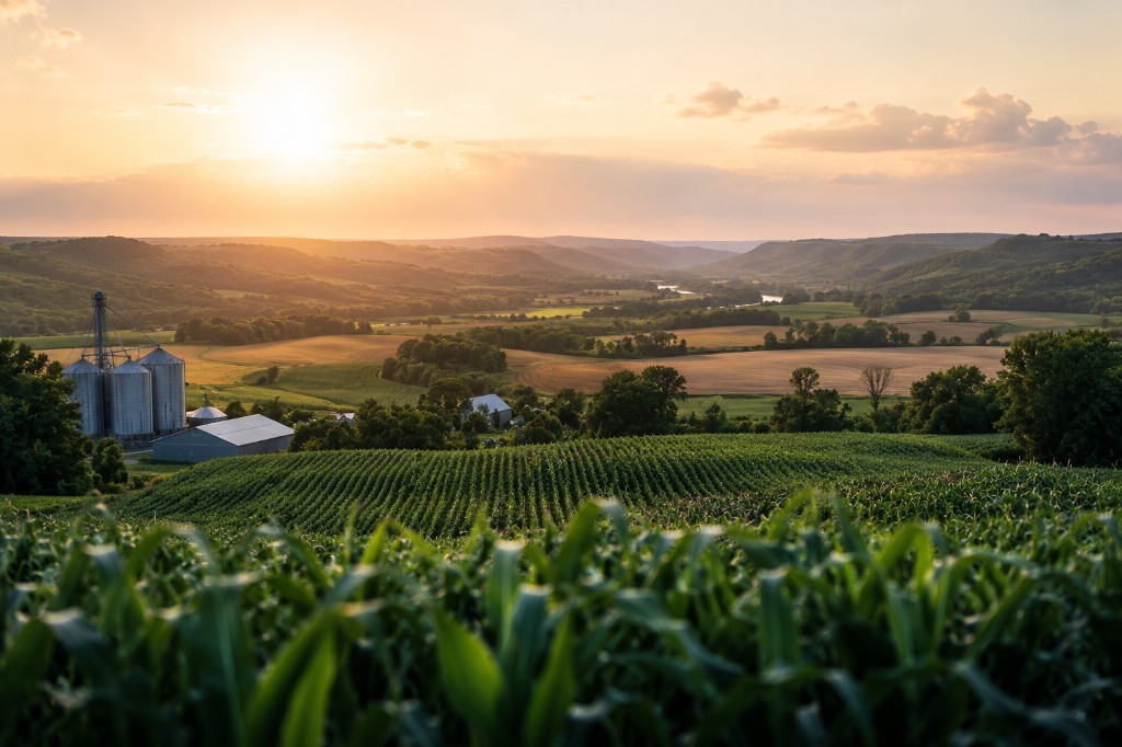 Sunset over farms, grain silos, and rolling hills in southwestern Wisconsin
