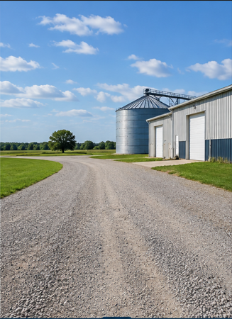 Gravel access drive beside an agricultural facility