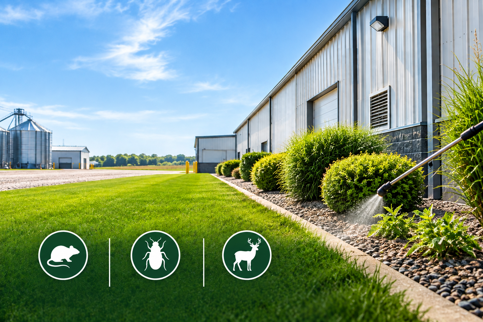 Technician treating landscaped vegetation beside a facility exterior