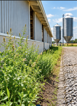 Overgrown weeds along the edge of an agricultural facility
